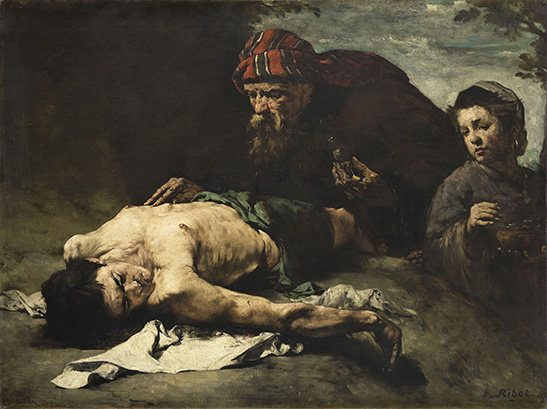 Théodule Ribot. Une délicieuse obscurité : Théodule Ribot, Le Bon Samaritain, 1870, huile sur toile, 112 x 145 cm © Pau, Musée des beaux-arts